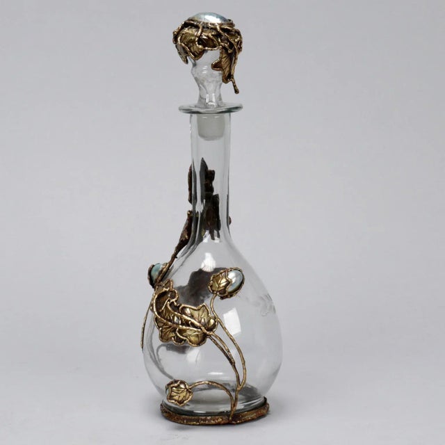 Mid-Century Modern Signed Italian Decanter with Metal Work and Freshwater Pearls For Sale - Image 3 of 5