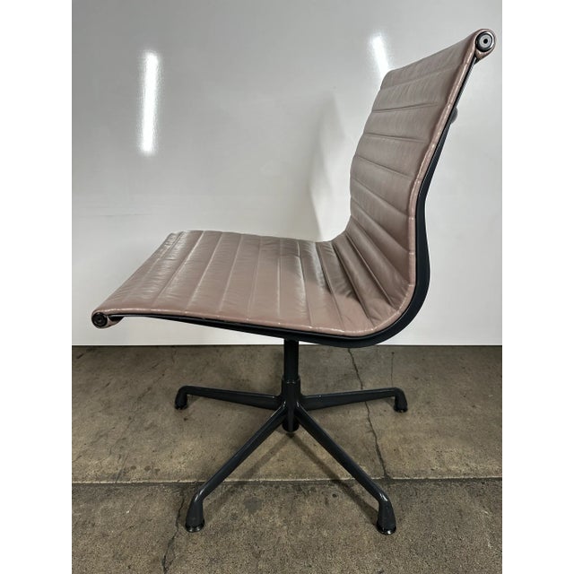 Metal Eames Aluminum Group Leather Swivel Side Chair For Sale - Image 7 of 10