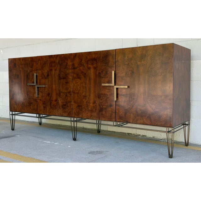 Original retail $13,640, stylish Jonathan Charles Modern Walnut Burl Wood Cabinet, bronze metal base, four doors , two...