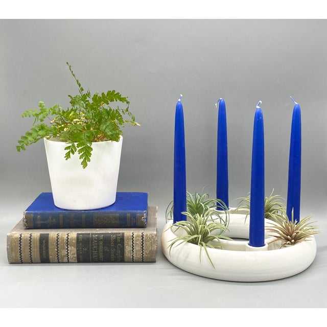 20th Century Italian White Ceramic Pansy Flower Ring Vase/ Candle