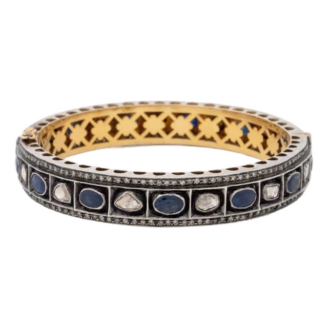 14k Gold Sterling Silver Diamond Sapphire Bangle For Sale