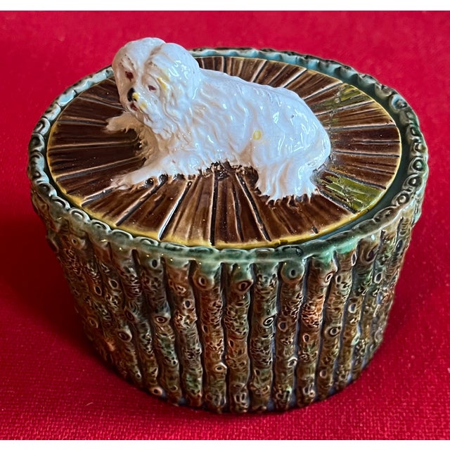 Ceramic Antique 19th Century George Jones English Majolica Bamboo Faux Bois Oval Desk Box With White Dog Finial For Sale - Image 7 of 13