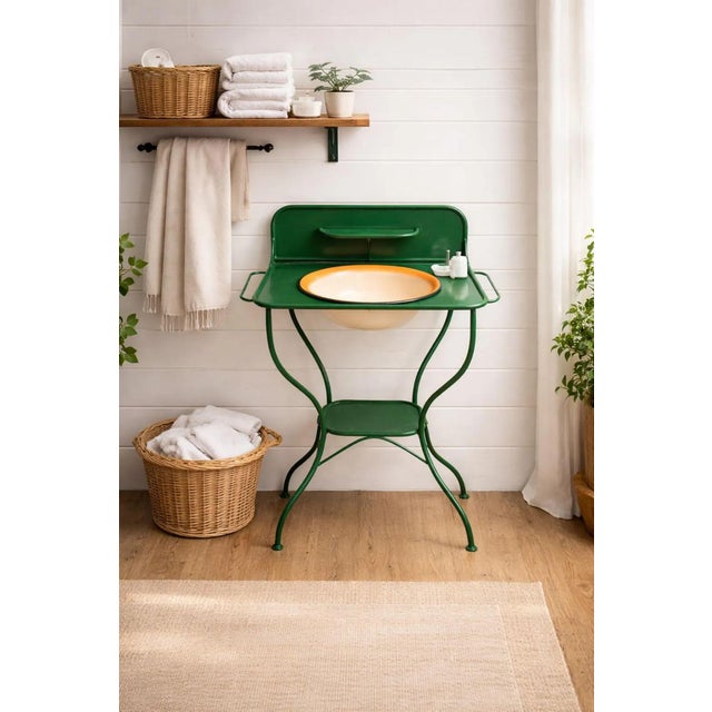 Forest Green Vintage Green Metal Washstand with Enamel Basin, 1950s For Sale - Image 8 of 8