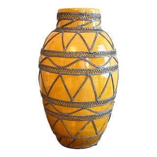 Antique Moroccan Ceramic Vase Maize Yellow With Metal Moorish Filigree Overlay For Sale