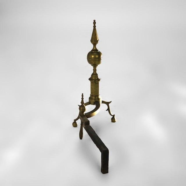 Pair Antique Federal Brass & Wrought Iron Lemon Top Andirons C1810 For Sale - Image 4 of 5