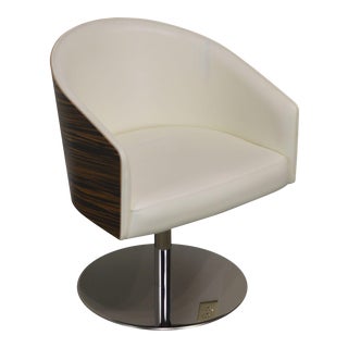 White Leather & Zebra Wood Barrel Back Chrome Pedestal Swivel Lounge Chair For Sale