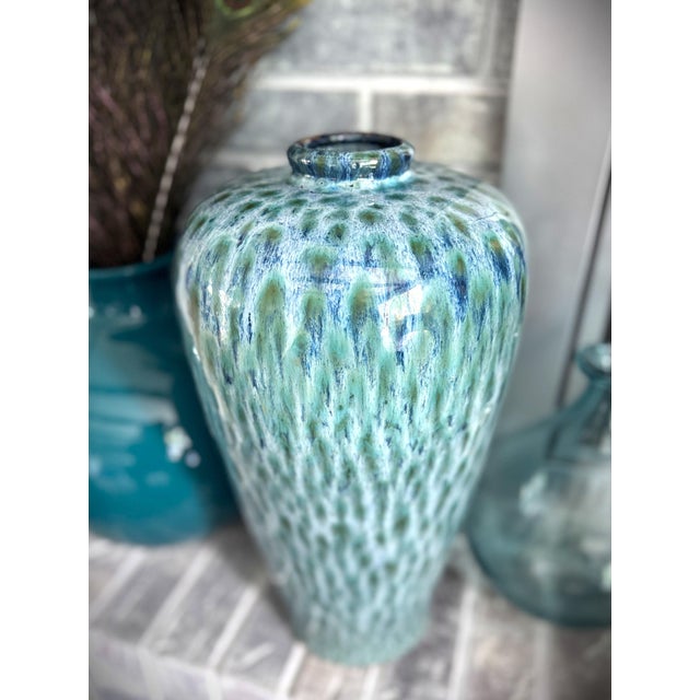 Late 20th Century Peacock Feather Blue & Green Drip Glazed Pottery Vase For Sale - Image 10 of 12