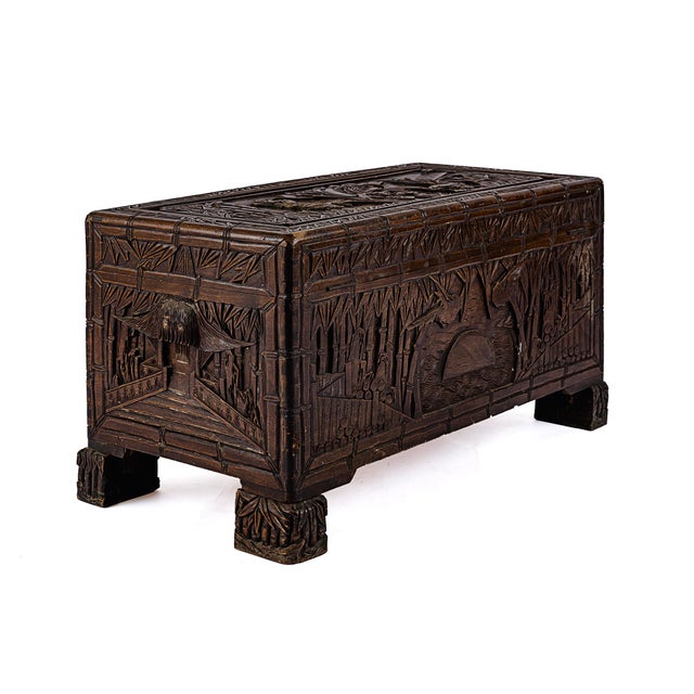 36" Vintage Antique Chinese Carved Camphor Chest Featuring Guan Yin For Sale - Image 4 of 18