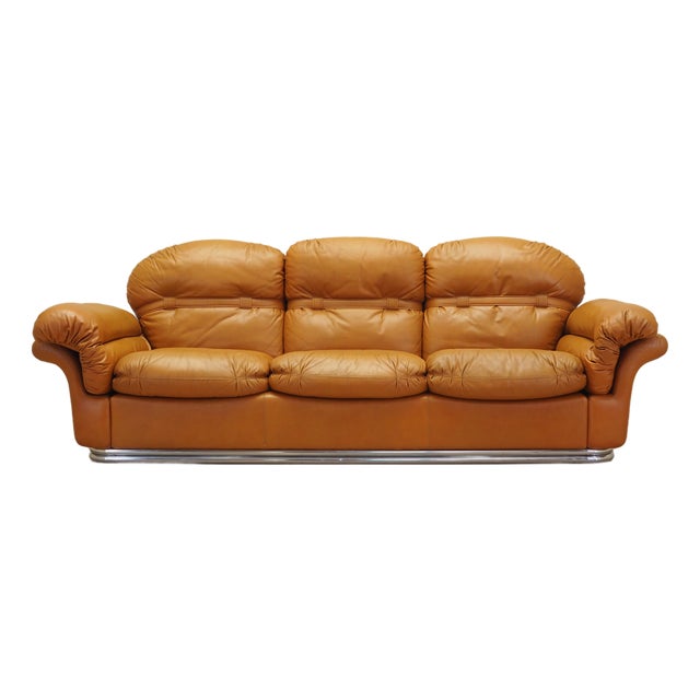 Space Age Orange Leather Sofa, Italy, 1960s For Sale