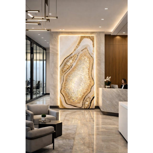 Golden Geode Illuminated Wall Art in Citrine and Quartz by Sev Art Gallery For Sale - Image 6 of 6