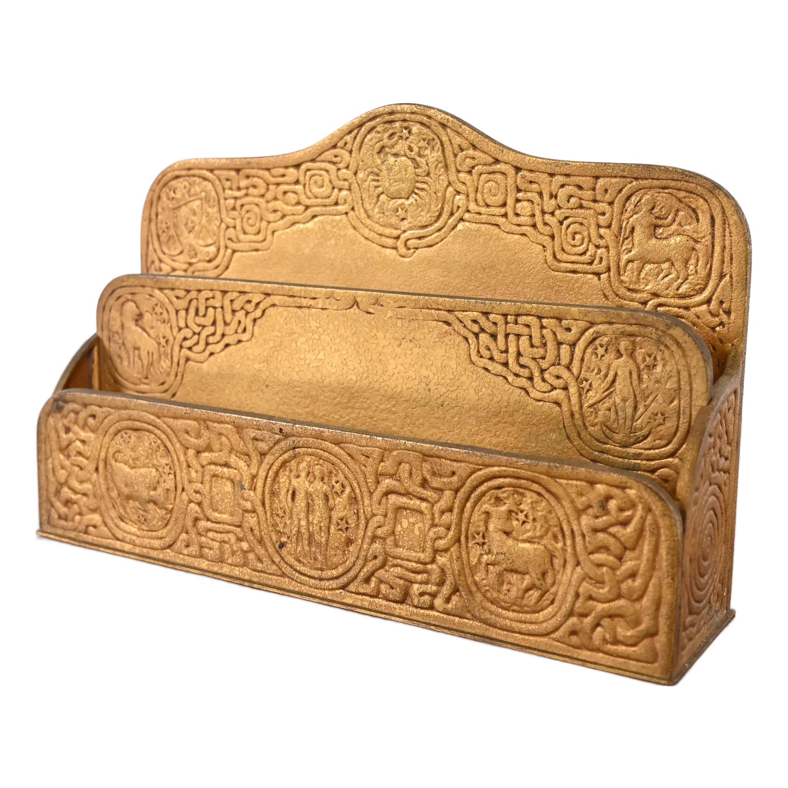 Tiffany Studios New York Zodiac Pattern Bronze Doré Letter Rack | Chairish