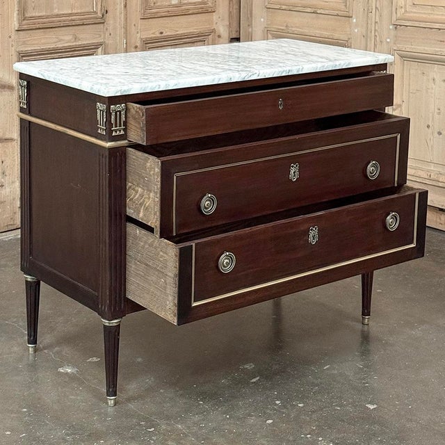 Antique French Louis XVI Mahogany Commode With Carrara Marble For Sale - Image 10 of 14