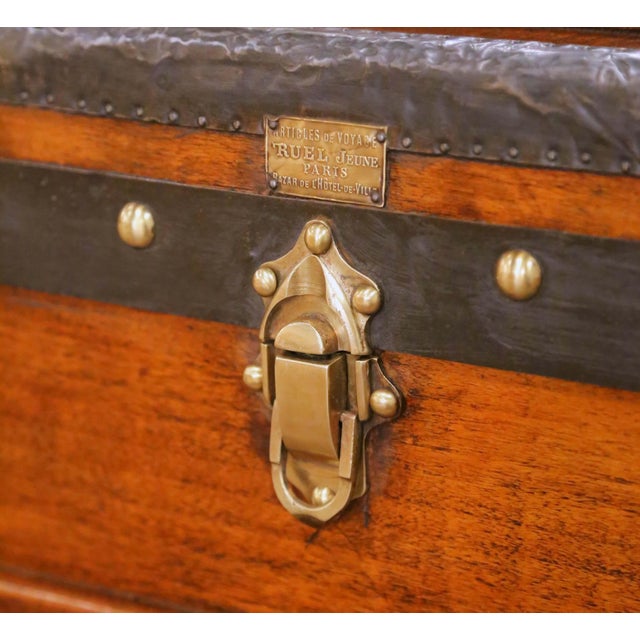 19th C. French Parisian Travel Trunk Coffee Table With Brass and Iron Hardware For Sale - Image 9 of 16