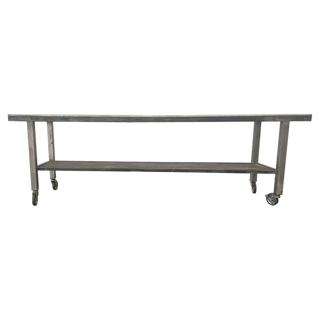 Vintage Style Metal Industrial Table on Wheels, circa 2000 For Sale