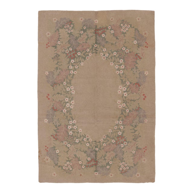 Antique 20th Century Hooked Rug in Taupe With Garden Wreath Design - Rug & Kilim For Sale