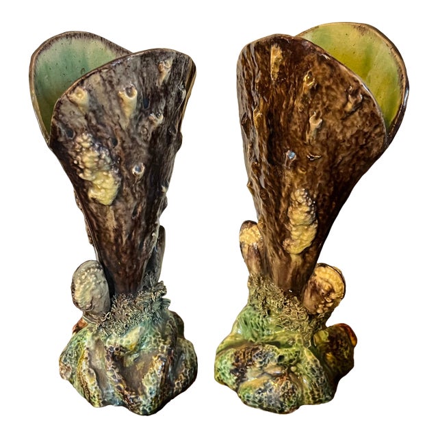 Antique 19th Century French Majolica Palissy Ware Sea Shell Form Vases - a Pair For Sale