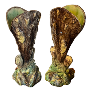 Antique 19th Century French Majolica Palissy Ware Sea Shell Form Vases - a Pair