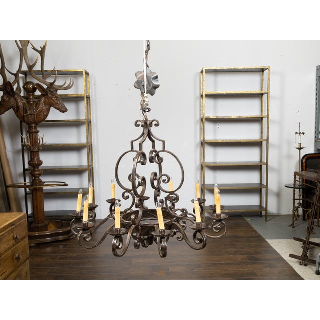 Mid 20th Century Mid 20th Century Mid Century Modern French Steel 12-Light Chandelier with Scrolls and Dark Patina For Sale - Image 5 of 12