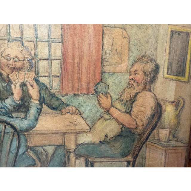 Antique 19th Century Original Men Playing Cards at Table Watercolor Painting For Sale In New York - Image 6 of 13