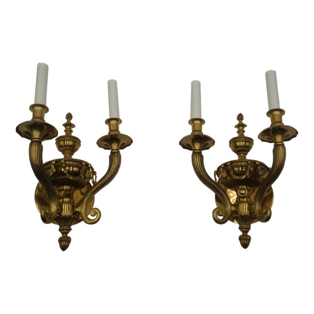 1960s Pair Brass French Regency Style Lighted Wall Sconces For Sale