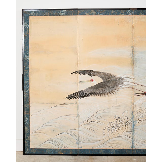 Japanese Pair of Japanese Meiji Six Panel Screen Cranes Above Cresting Waves For Sale - Image 3 of 12