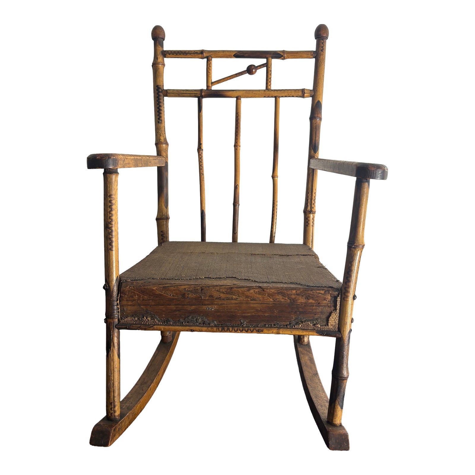 Vintage Child's Burnt Bamboo Rocking Chair With Spindle Back | Chairish