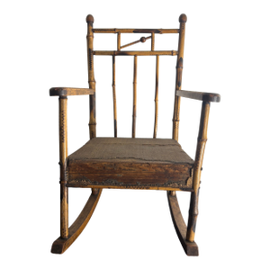 Vintage Child's Burnt Bamboo Rocking Chair With Spindle Back