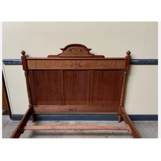 Brown Antique Art Nouveau Ornate Bed with Inlays, 1900 For Sale - Image 8 of 11