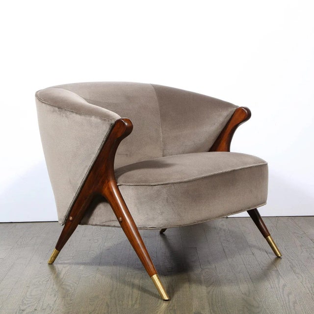 Pair of Mid Century Lounge Chairs in Walnut & Velvet With Brass Detailing by Karpen For Sale - Image 10 of 12