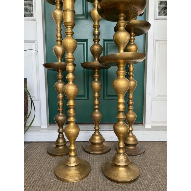 Vintage 1960s Moroccan Etched Brass Pillar Altar Floor Candle Stands = 5 Altars (35 Pieces) For Sale - Image 9 of 15
