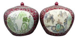 Pair of Chinese Porcelain Landscape Melon Ginger Jars — Plum Red/ Aubergine With Mountain Scenes — Chinoiserie / Hollywood Regency