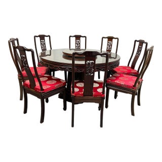 Vintage Rosewood Round Carved Dragon Table + Eight Chairs + Lazy Suzan, Set For Sale