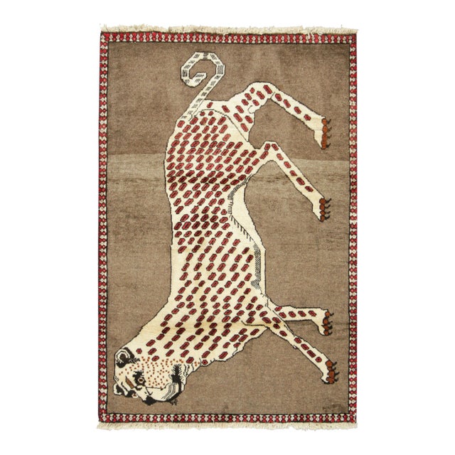 Vintage Gabbeh Persian Rug, Cream and Brown With Leopard Pictorial - Rug & Kilim For Sale