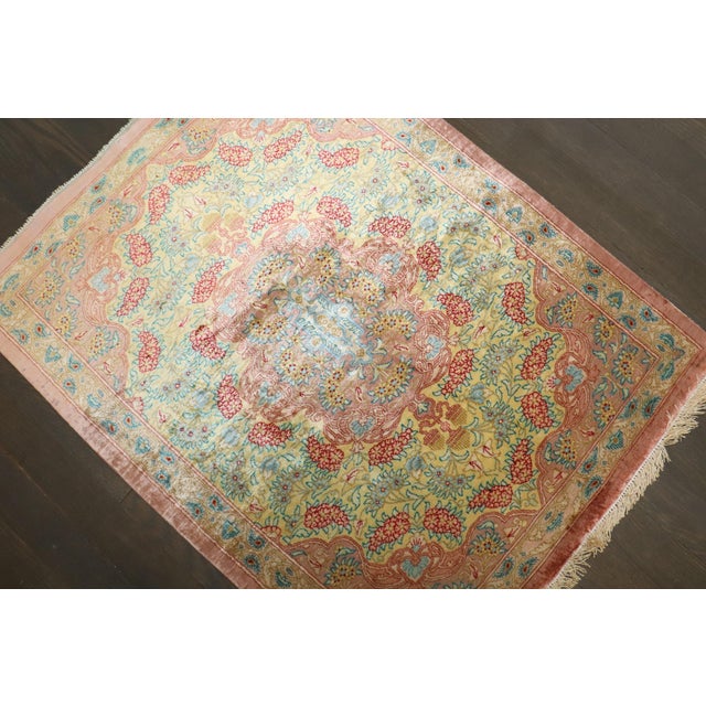 Mid 20th Century Vintage Zabihi Collection Botanical Silk Persian Qum Mini Rug - 2' x 2'7" For Sale - Image 5 of 9