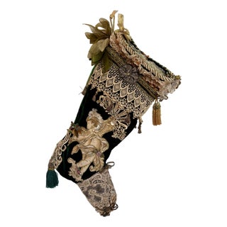 Handmade Victorian Style Emerald Green Velvet Christmas Stocking With Cherub & Lace For Sale
