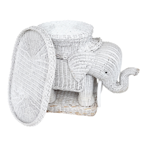 Vintage White Wicker Elephant Side Table or Plant Stand, Hollywood Regency