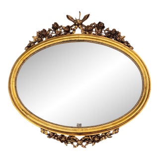 Oval 1940s Wall Mirror With Gold Frame And Floral Decoration In Louis XVI Style For Sale