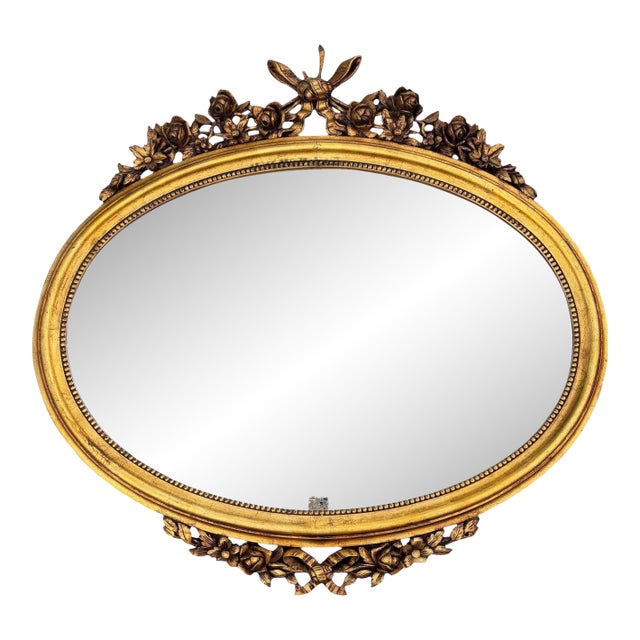 Oval 1940s Wall Mirror With Gold Frame And Floral Decoration In Louis XVI Style For Sale
