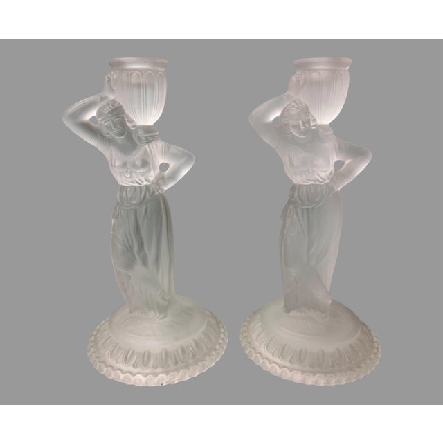 Glass Pair Vintage Fostoria Satin Glass Figural Rebecca at the Well 10" Candlesticks For Sale - Image 7 of 8
