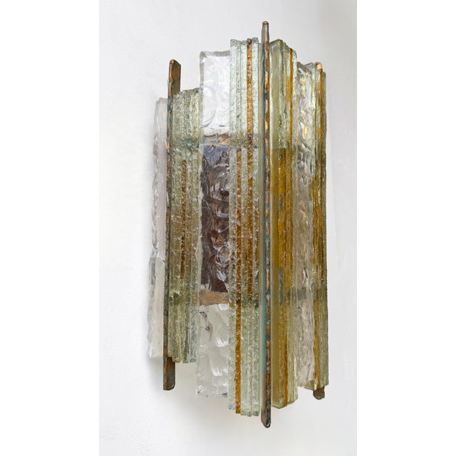 Mid-Century Modern Pair of Hammered Glass Wrought Iron Sconces by Longobard, Italy, 1970s For Sale - Image 3 of 12