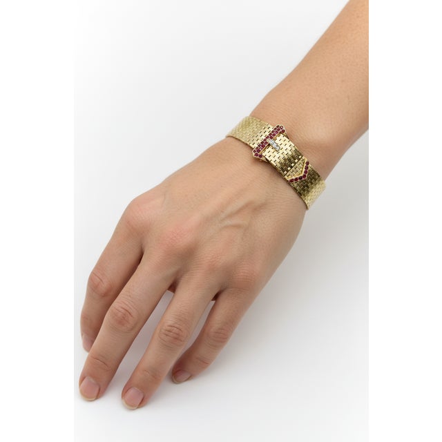 1940s Retro 14k Gold Ruby and Diamond Buckle Bracelet With Brick Link For Sale - Image 13 of 13