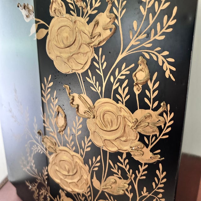 Vintage Wolff Black & Gold Floral Toleware Wastebasket For Sale - Image 11 of 14