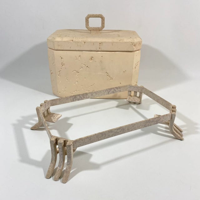 Postmodern Faux Travertine Ceramic Box With Metal Stand and Handle For Sale - Image 10 of 13