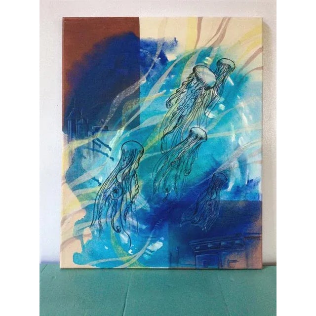 "Underwater 3 - Jellyfish" Contemporary Original Mixed-Media Collage on Canvas For Sale - Image 4 of 4
