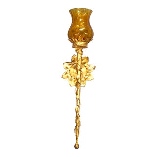 19th Century French Gilt Metal Wall Sconce With Amber Glass Hurricane For Sale