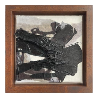 Miniature Black, White, and Gray Textured Collage Painting in Shadow Box Frame – Modern Bookshelf Art Decor For Sale