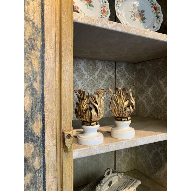 Italian Renaissance Gilded Iron Candleholders on Carrara Marble Sockles, Set of 2 For Sale - Image 3 of 11