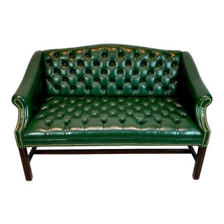 English Green Leather Chesterfield Bench or Loveseat For Sale