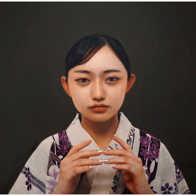 Archaic Prayer by Kazuya Ushioda | Oil Painting of a woman in traditional clothing with hands clasped For Sale