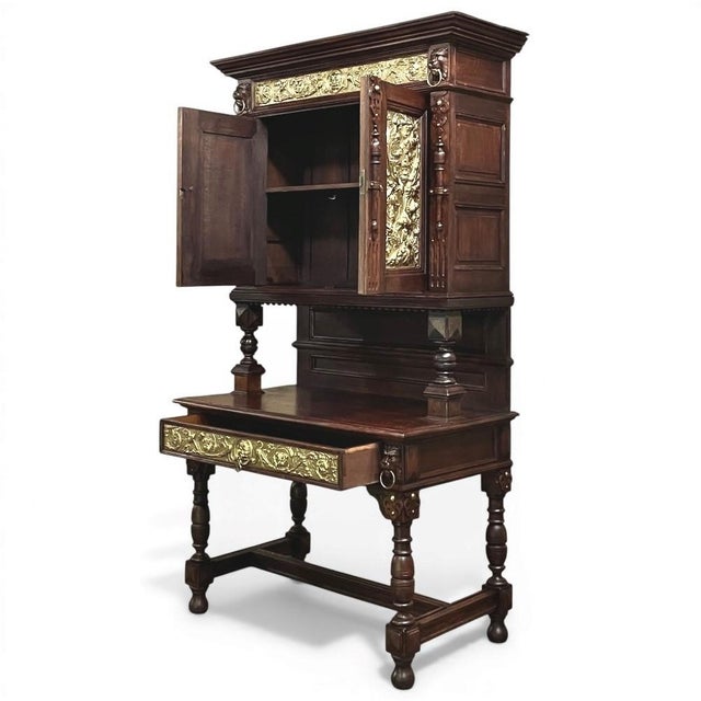 19th Century Flemish Renaissance Revival Secretary Bookcase in Solid Oak With Embossed Brass Panels For Sale - Image 10 of 13